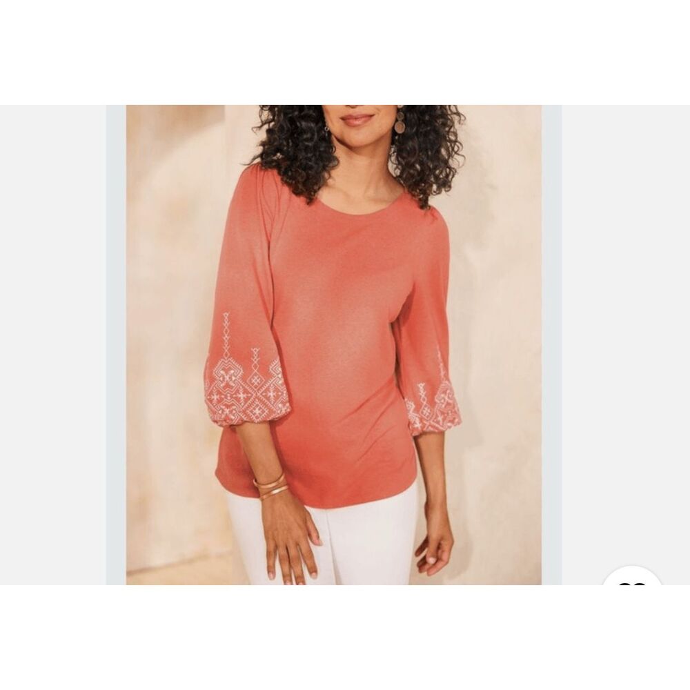 Soft Surroundings $108 Parisian Poet Embroidered Puff Sleeve Top Womens 1X NEW
